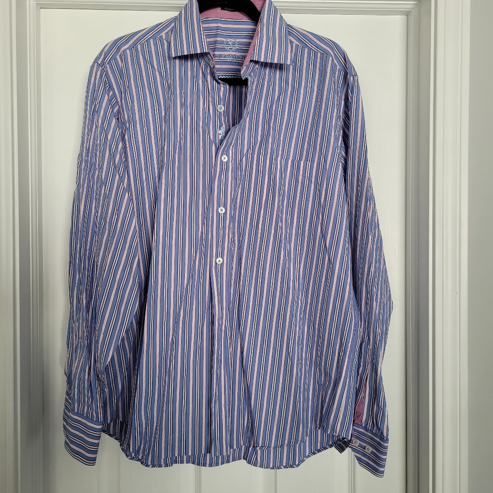 Bugatchi blue, white and pink striped dress shirt, size L